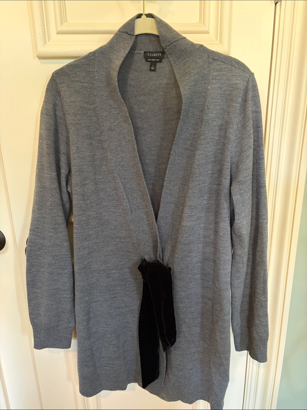 Talbots Heather Gray Open-Front Cardigan with Black Tie